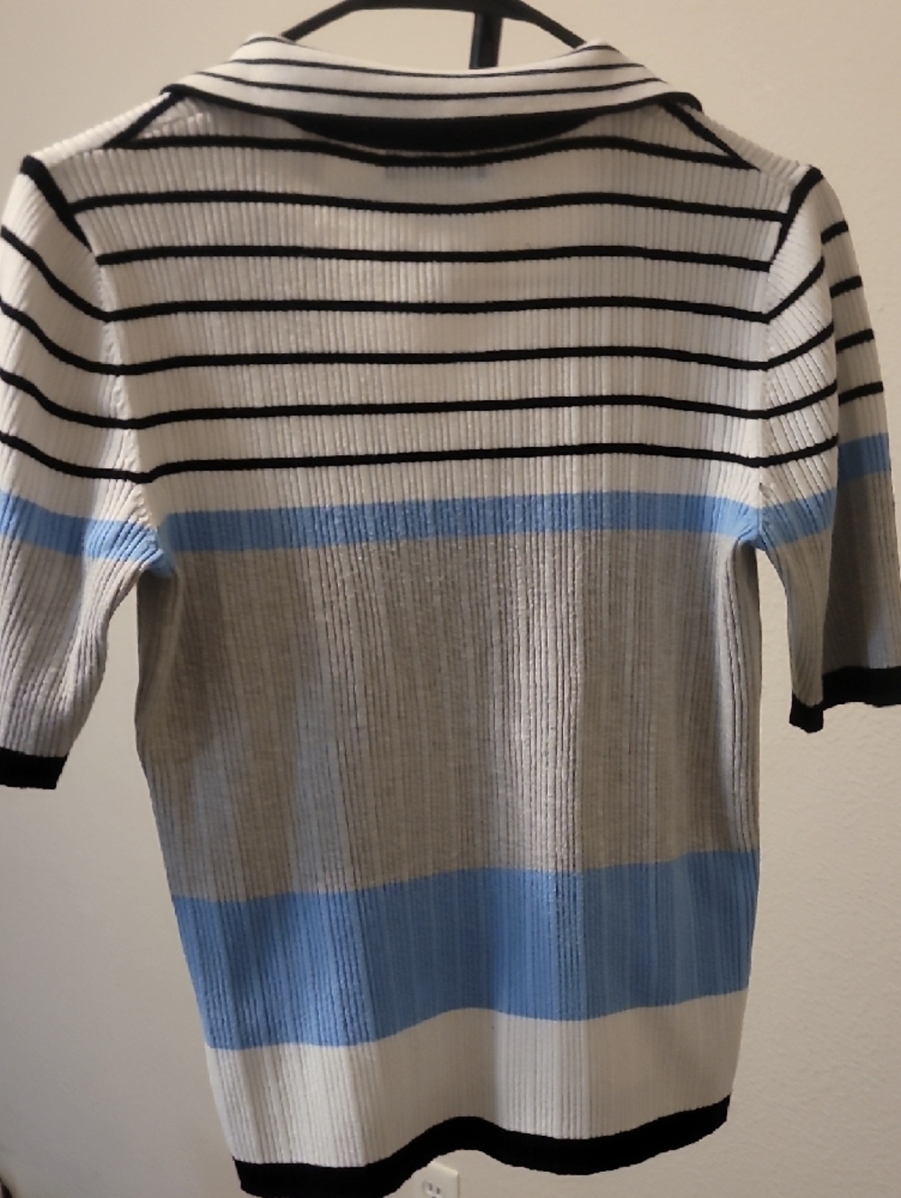 Tahari White, Black & Light Blue Striped Ribbed Polo Tee - Picture 3 of 3